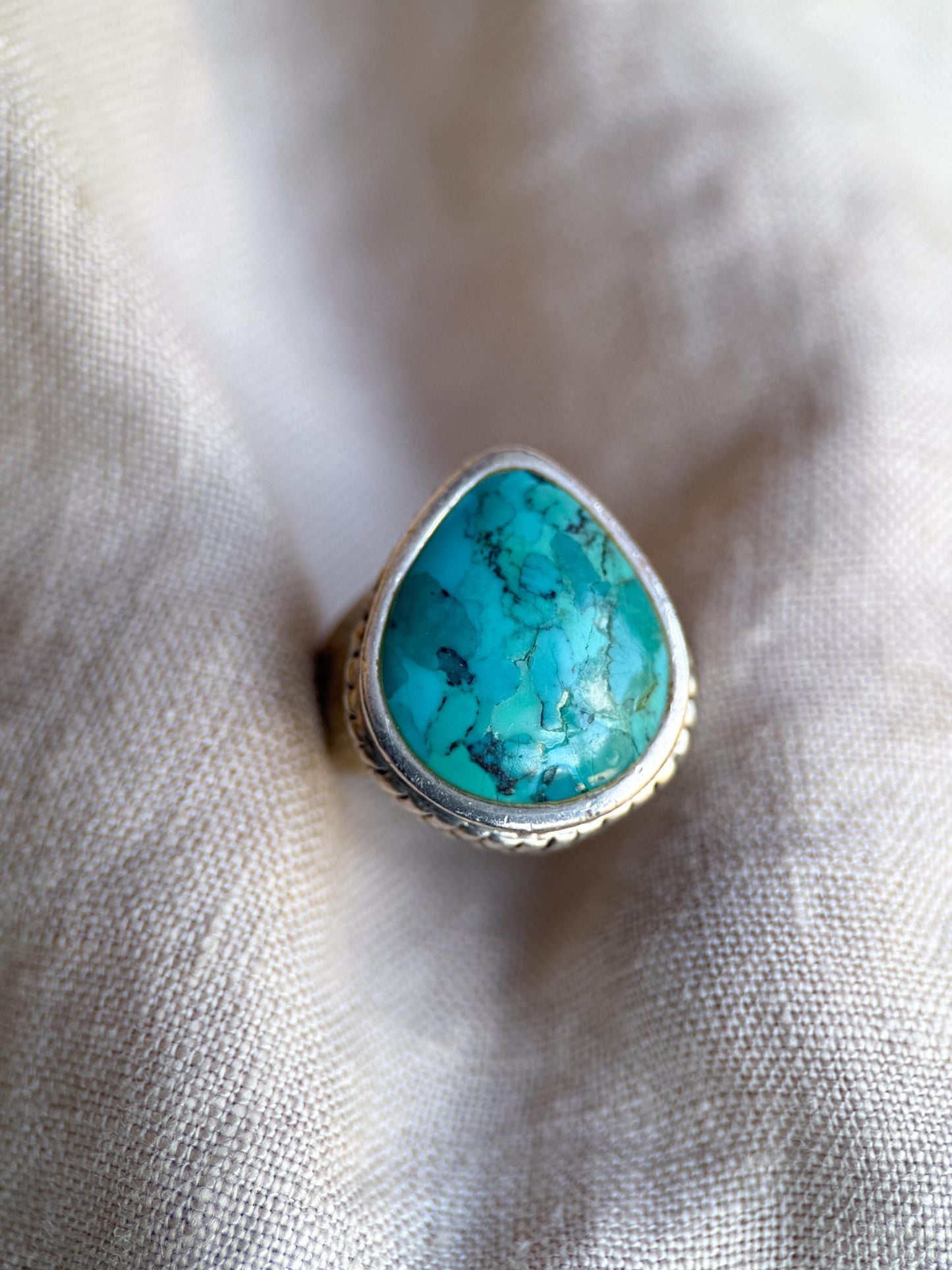 Vintage Turquoise Pear Statement Ring, Sterling Silver Boho Artisan Jewelry
