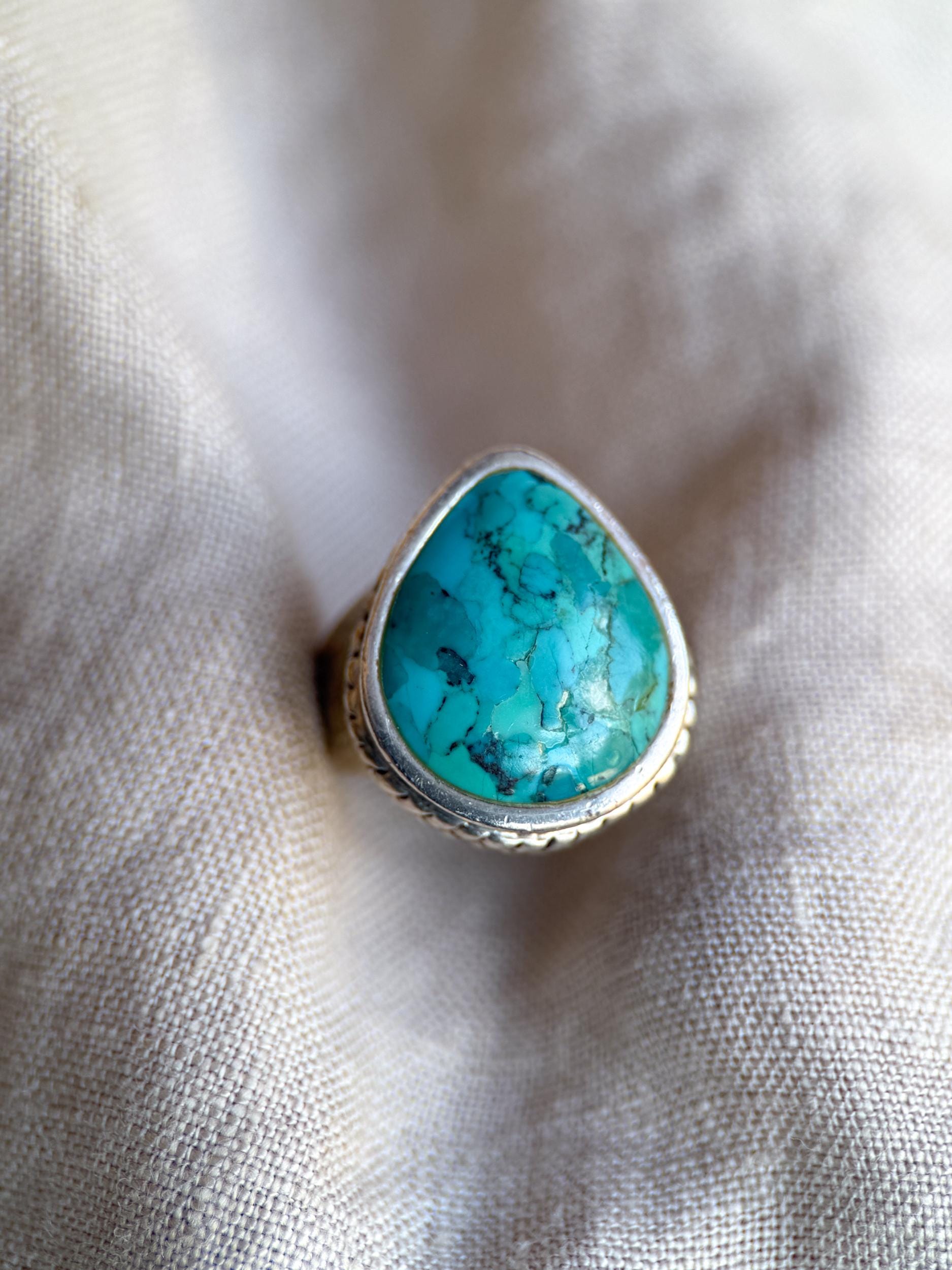 Vintage Turquoise Pear Statement Ring, Sterling Silver Boho Artisan Jewelry