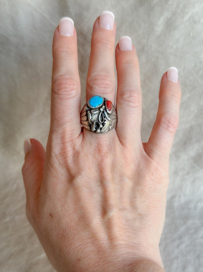 Vintage Sterling Silver Turquoise Coral Wolf Ring, Boho Statement Jewelry
