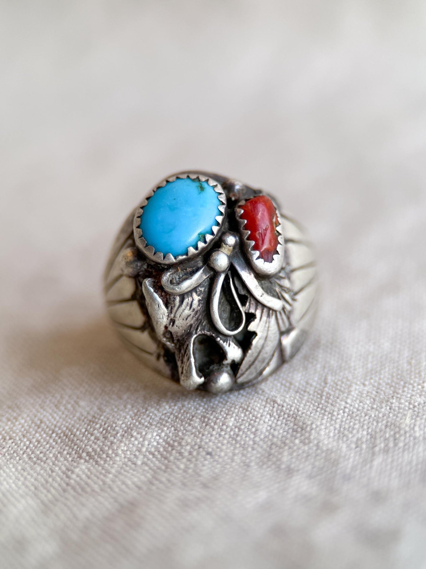 Vintage Sterling Silver Turquoise Coral Wolf Ring, Boho Statement Jewelry