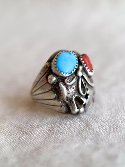 Vintage Sterling Silver Turquoise Coral Wolf Ring, Boho Statement Jewelry
