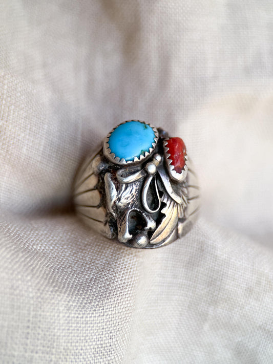 Vintage Sterling Silver Turquoise Coral Wolf Ring, Boho Statement Jewelry