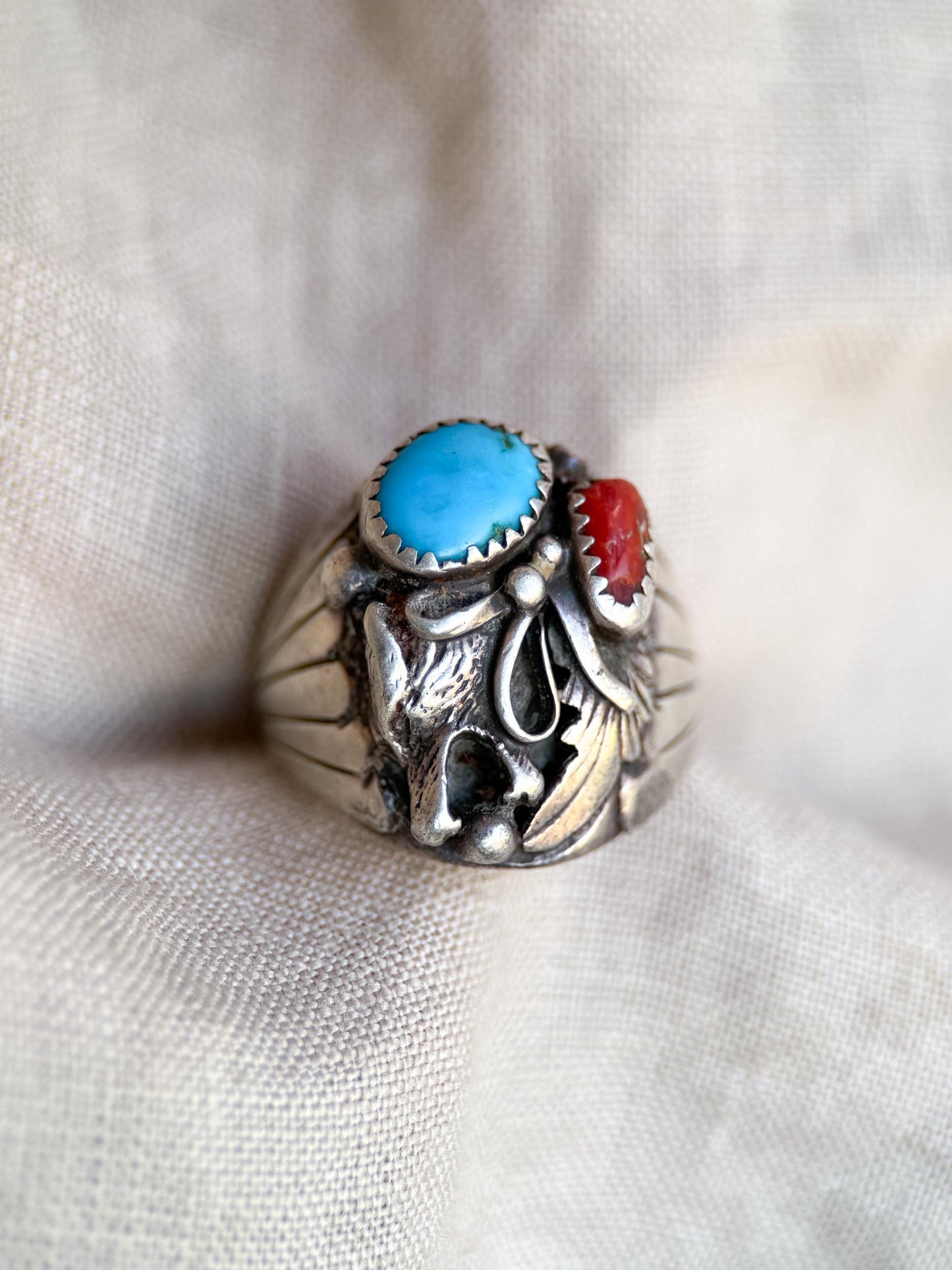 Vintage Sterling Silver Turquoise Coral Wolf Ring, Boho Statement Jewelry