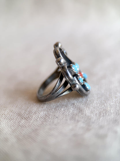 Vintage Sterling Silver Turquoise Coral Flower Ring, Boho Statement Jewelry