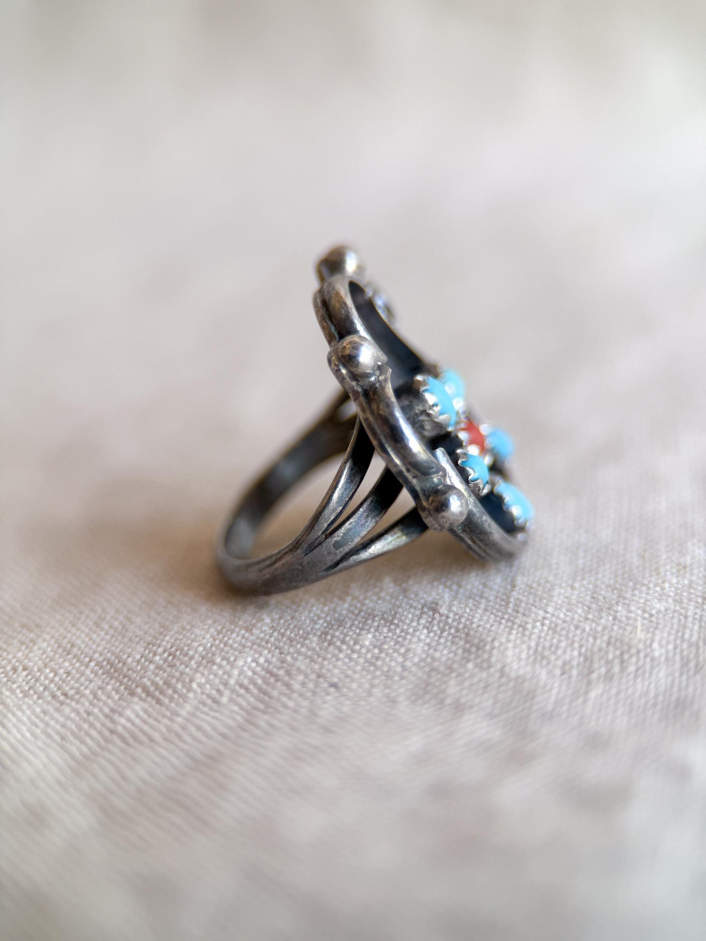 Vintage Sterling Silver Turquoise Coral Flower Ring, Boho Statement Jewelry