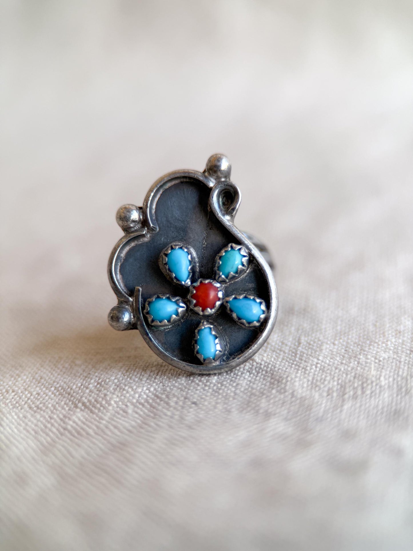 Vintage Sterling Silver Turquoise Coral Flower Ring, Boho Statement Jewelry
