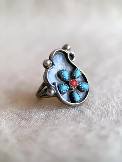 Vintage Sterling Silver Turquoise Coral Flower Ring, Boho Statement Jewelry