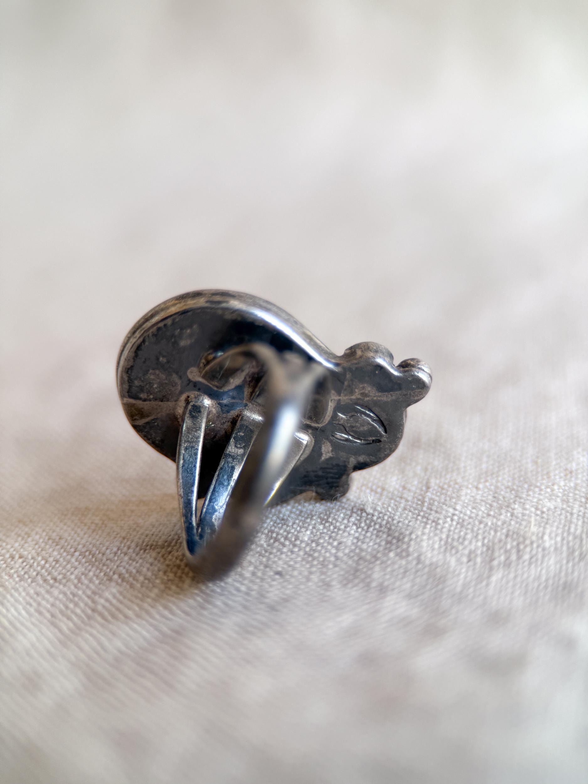 Vintage Sterling Silver Turquoise Coral Flower Ring, Boho Statement Jewelry