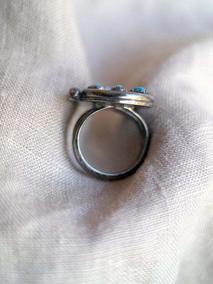 Vintage Sterling Silver Turquoise Coral Flower Ring, Boho Statement Jewelry