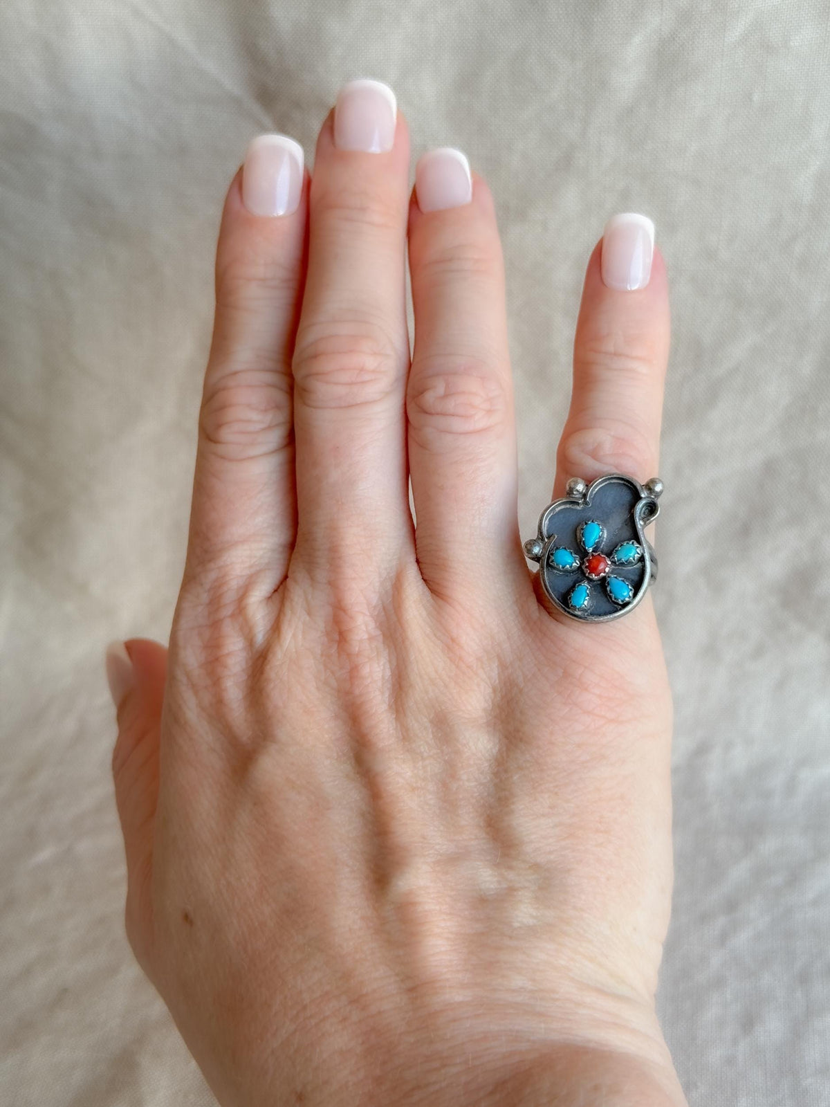 Vintage Sterling Silver Turquoise Coral Flower Ring, Boho Statement Jewelry