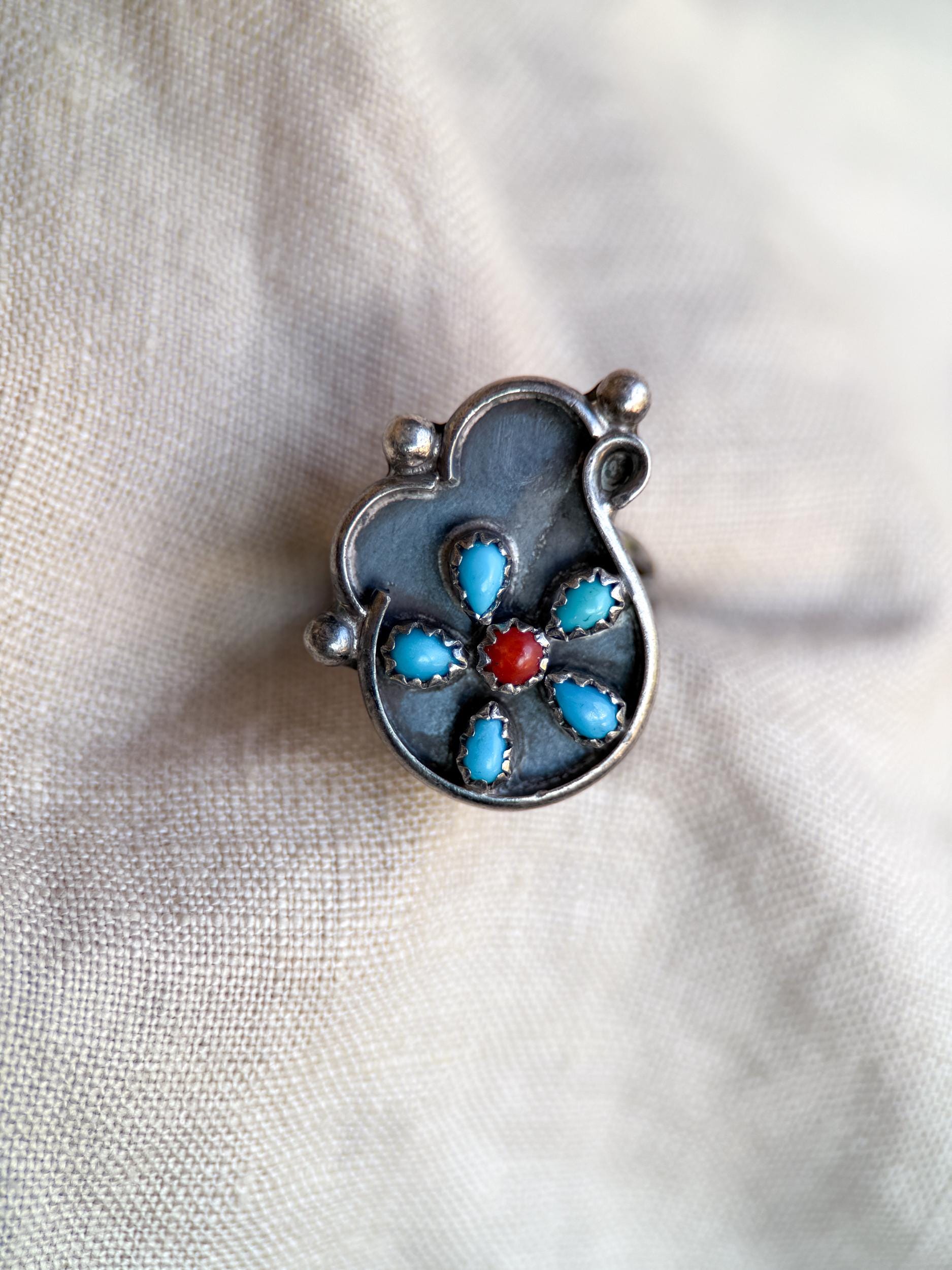 Vintage Sterling Silver Turquoise Coral Flower Ring, Boho Statement Jewelry