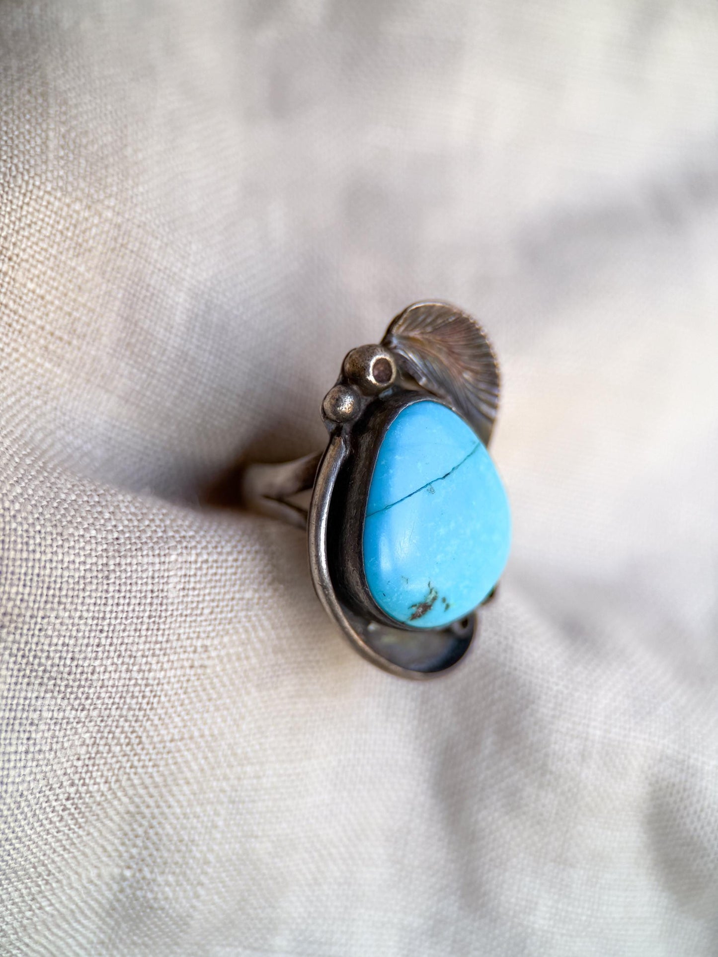 Vintage Sterling Silver Teardrop Turquoise Ring, Boho Scroll Statement Jewelry