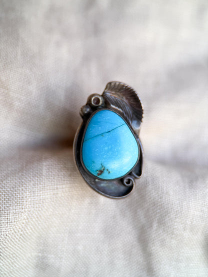 Vintage Sterling Silver Teardrop Turquoise Ring, Boho Scroll Statement Jewelry