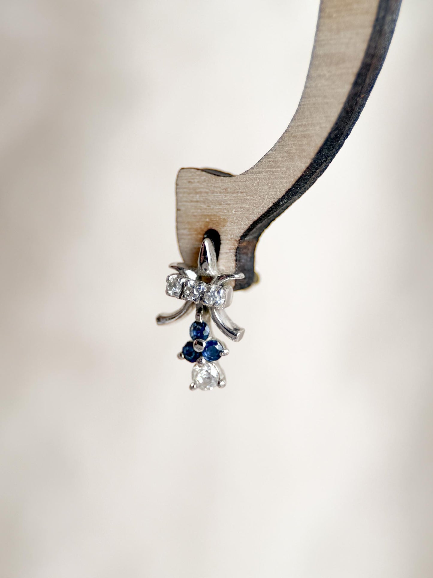 Vintage Diamond and Sapphire Earrings, 14k White Gold, Fleur De Lis Dangle Studs
