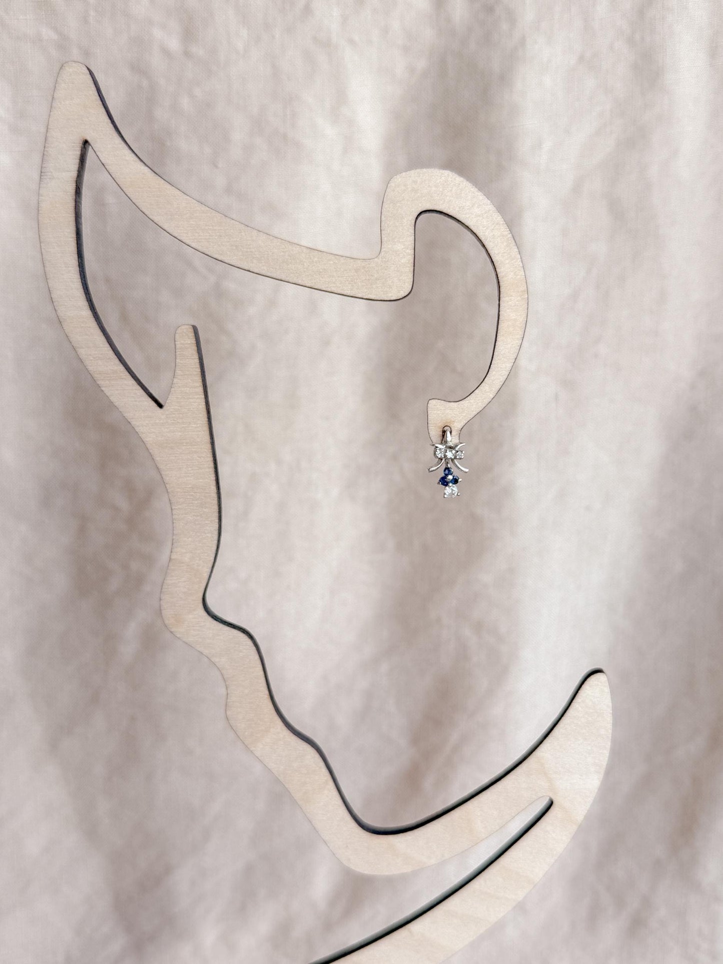 Vintage Diamond and Sapphire Earrings, 14k White Gold, Fleur De Lis Dangle Studs