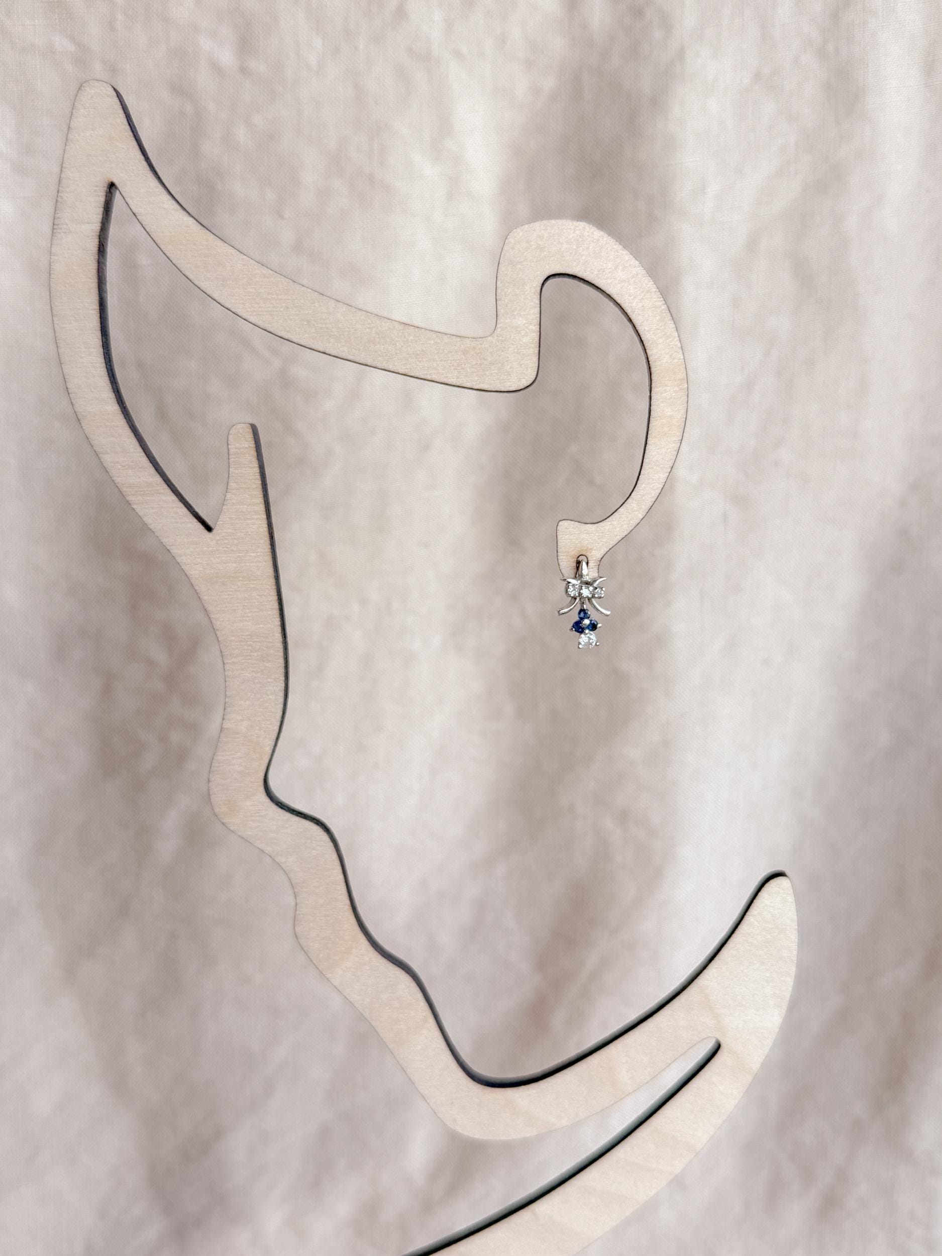 Vintage Diamond and Sapphire Earrings, 14k White Gold, Fleur De Lis Dangle Studs