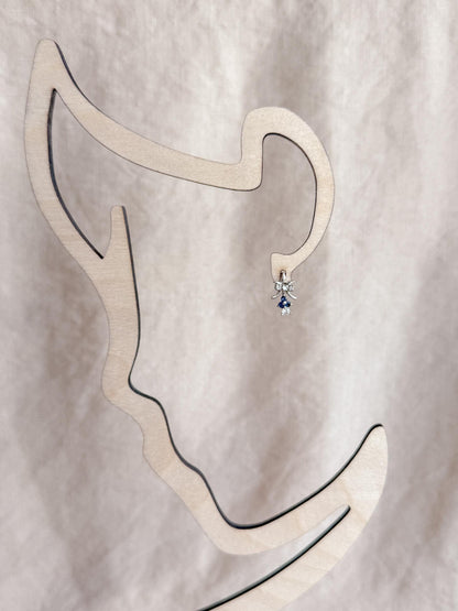 Vintage Diamond and Sapphire Earrings, 14k White Gold, Fleur De Lis Dangle Studs