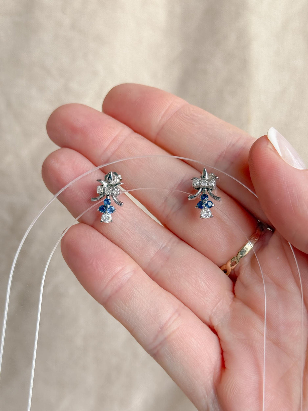 Vintage Diamond and Sapphire Earrings, 14k White Gold, Fleur De Lis Dangle Studs