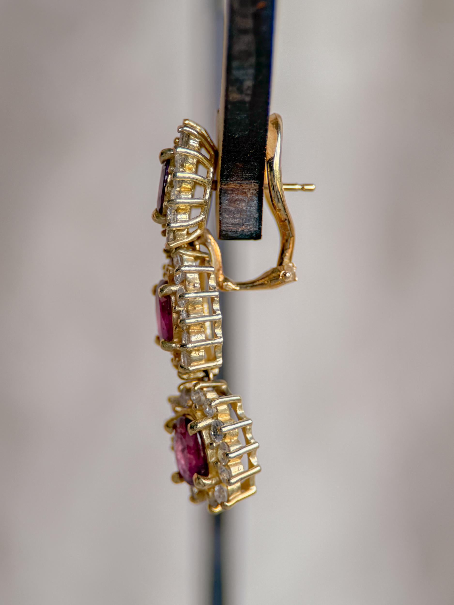 Elegant 1990s Ruby & Diamond Leverback Earrings: 14k Gold Retro Drop Design for Special Occasions