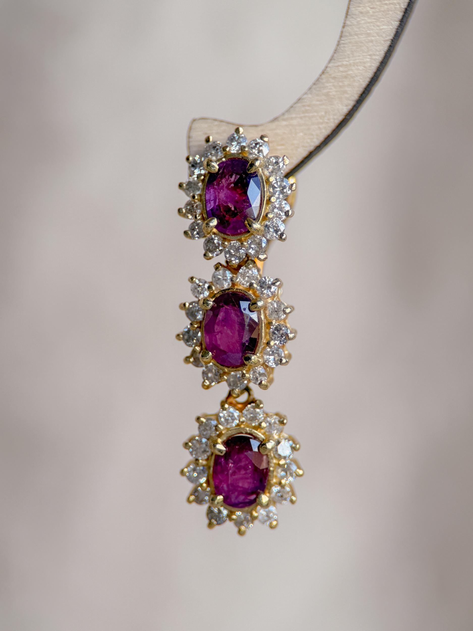Elegant 1990s Ruby & Diamond Leverback Earrings: 14k Gold Retro Drop Design for Special Occasions