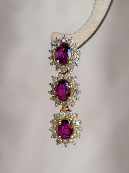 Vintage Ruby and Diamond Earrings, 14k Gold, Oval Halo Dangle Earrings, Gift for Her