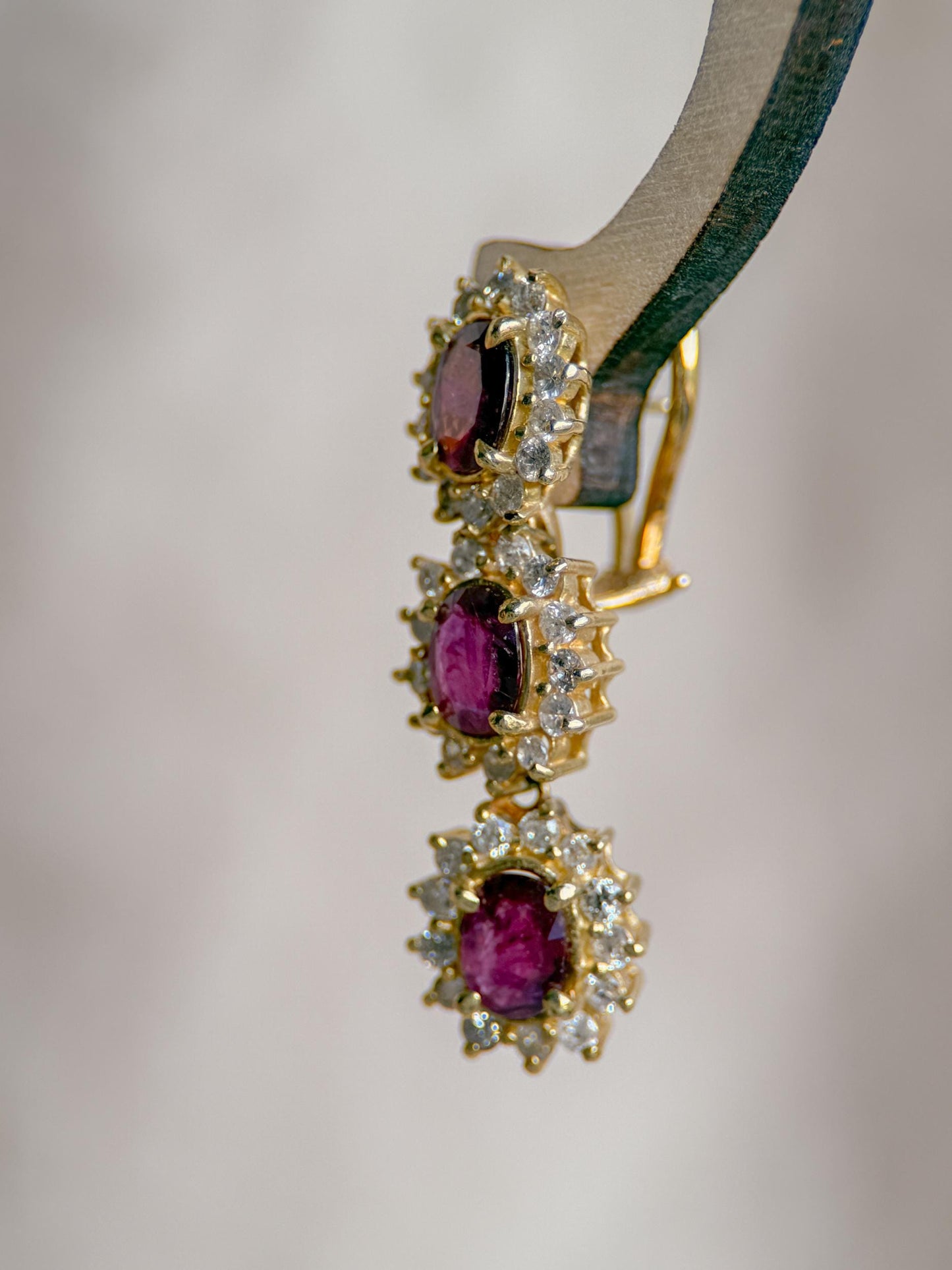 Vintage Ruby & Diamond Earrings, 14k Gold, Oval Halo 1990s Dangle Earrings, Gift for Her