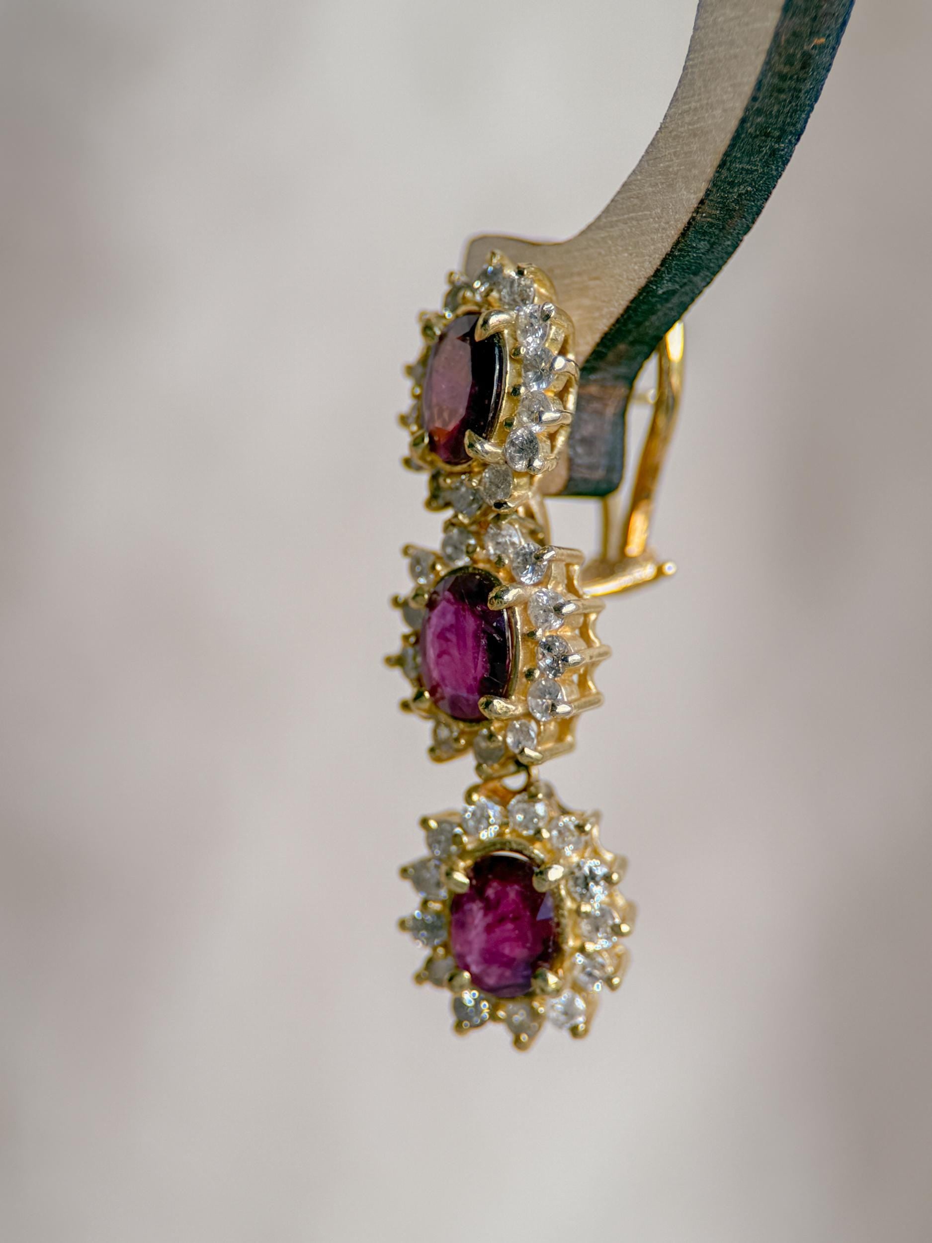 Vintage Ruby & Diamond Earrings, 14k Gold, Oval Halo 1990s Dangle Earrings, Gift for Her