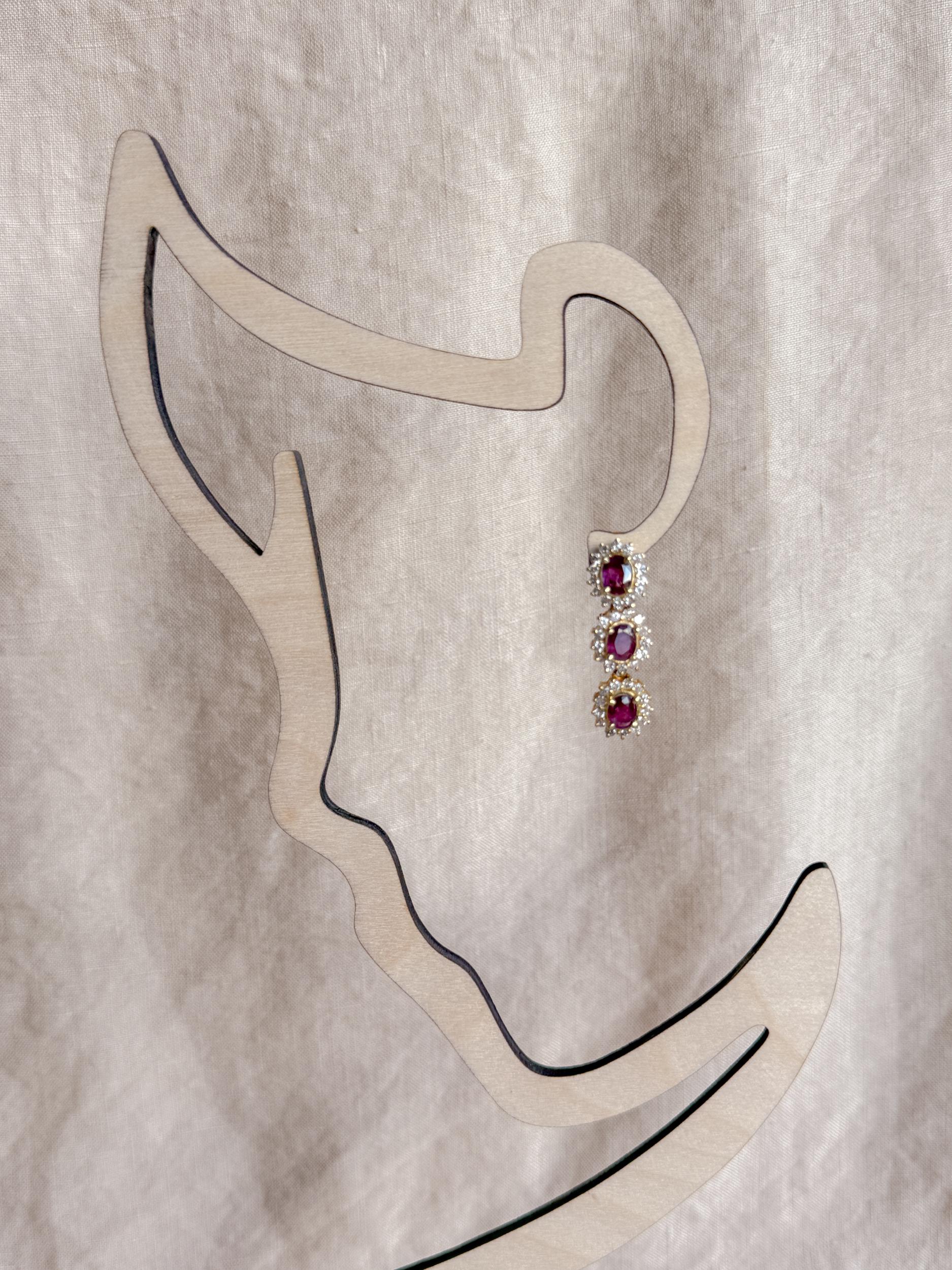 Elegant 1990s Ruby & Diamond Leverback Earrings: 14k Gold Retro Drop Design for Special Occasions