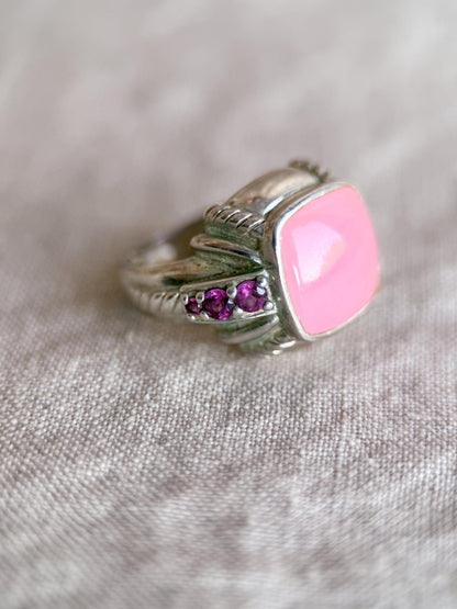 Vintage Judith Ripka Sterling Silver Pink Gemstone Statement Ring - Cabachon Gemstone Elegant Cocktail Jewelry