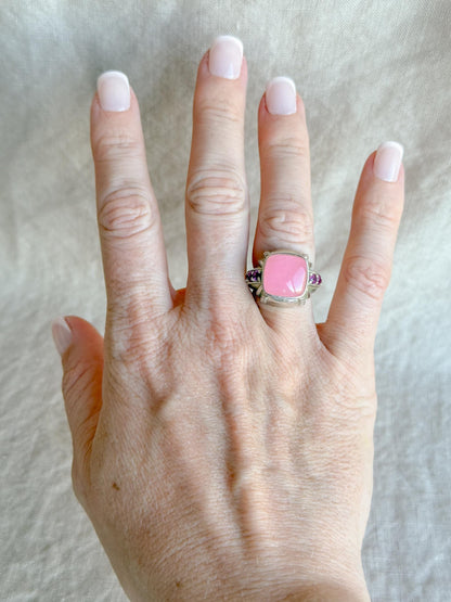 Vintage Judith Ripka Sterling Silver Pink Gemstone Statement Ring - Cabachon Gemstone Elegant Cocktail Jewelry