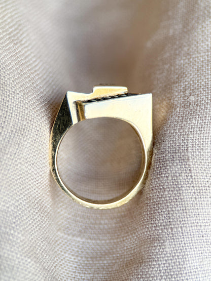 Vintage Diamond and Sapphire Ring, Trillion Cut, 14k Gold, Geometric Halo Statement Ring