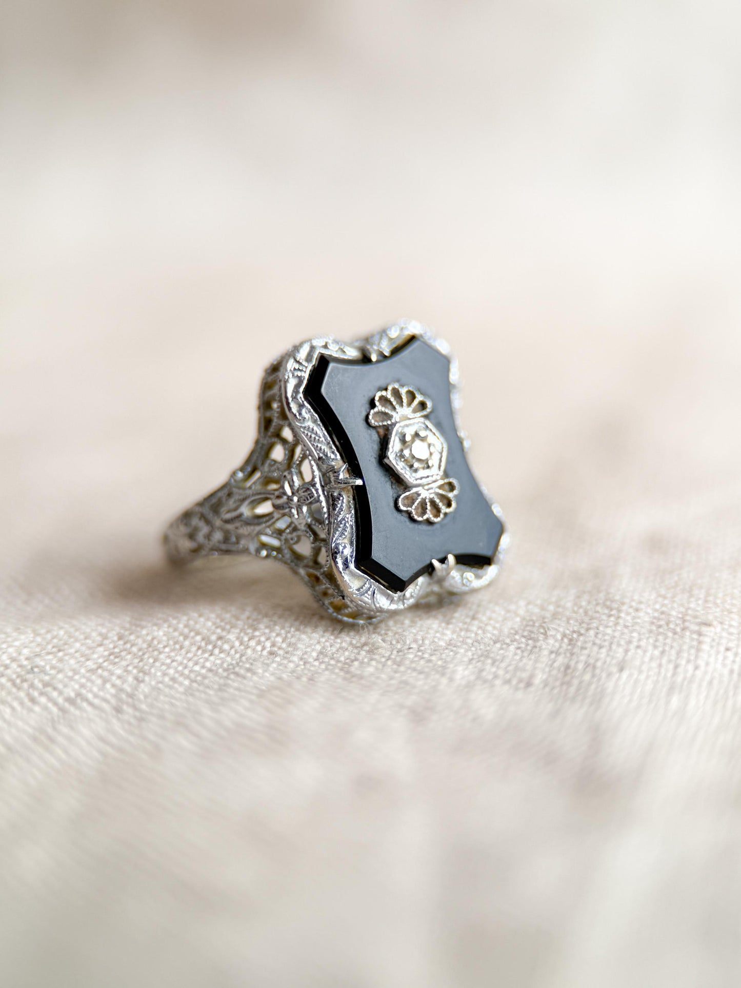 Vintage 14k White Gold Onyx & Diamond Ring: 1940s Antique Jewelry