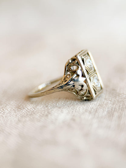 Antique Diamond Ring, 14k White Gold, Old Mine Two-Stone Engagement Ring, Vintage 1900s Art Nouveau
