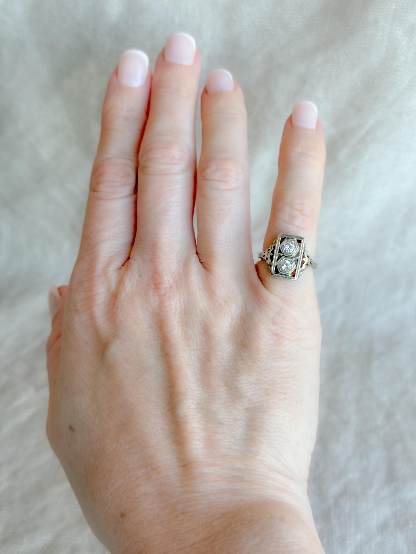 Antique Diamond Ring, 14k White Gold, Old Mine Two-Stone Engagement Ring, Vintage 1900s Art Nouveau