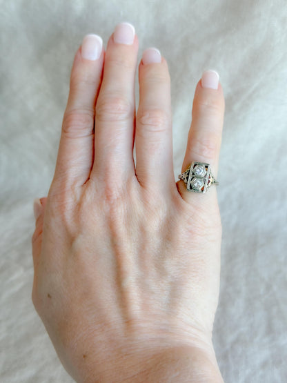 Antique Diamond Ring, 14k White Gold, Old Mine Two-Stone Engagement Ring, Vintage 1900s Art Nouveau