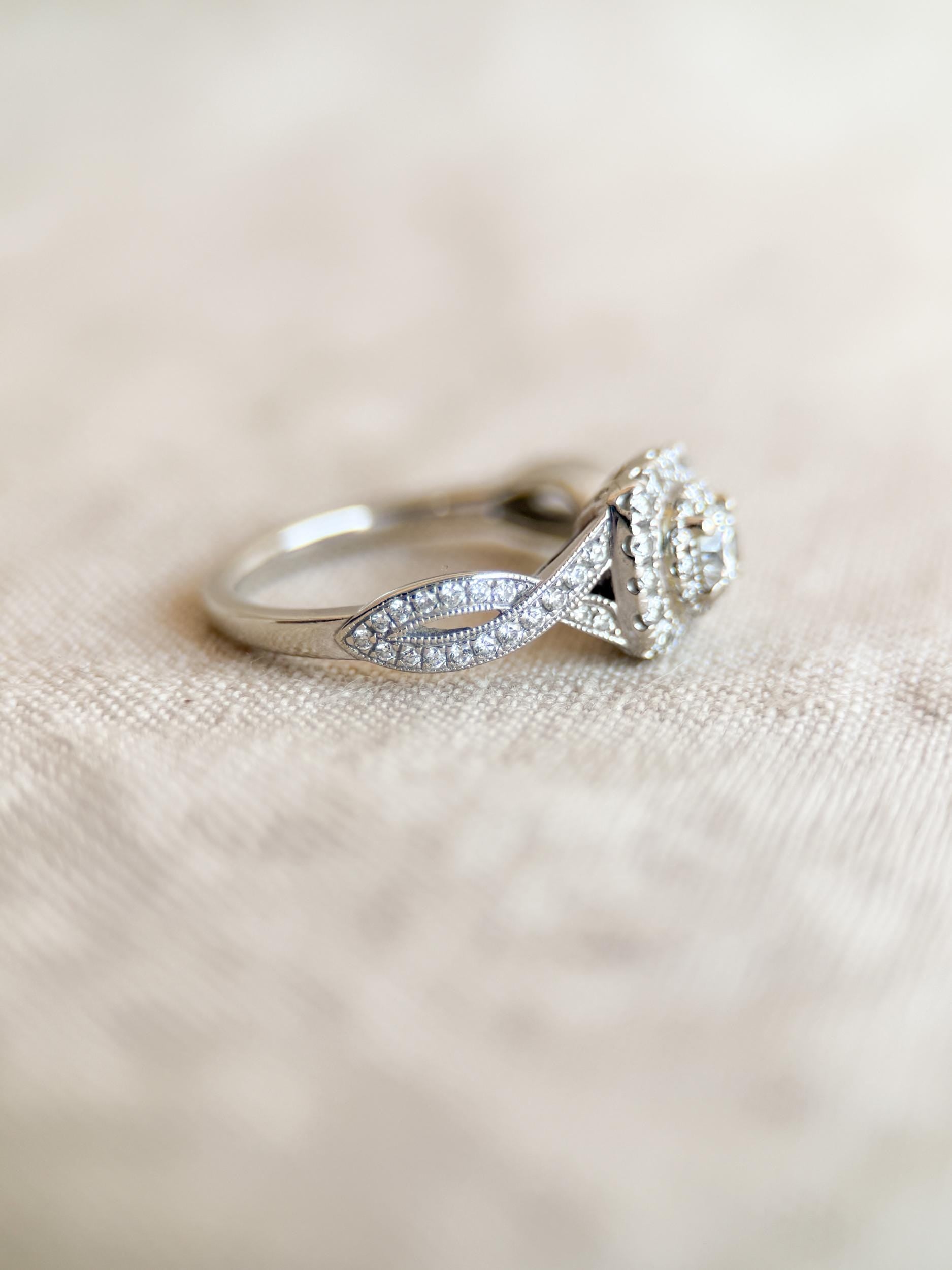Vintage Diamond Engagement Ring, Round Cut, 14k White Gold, Neil Lane Cushion Halo Infinity