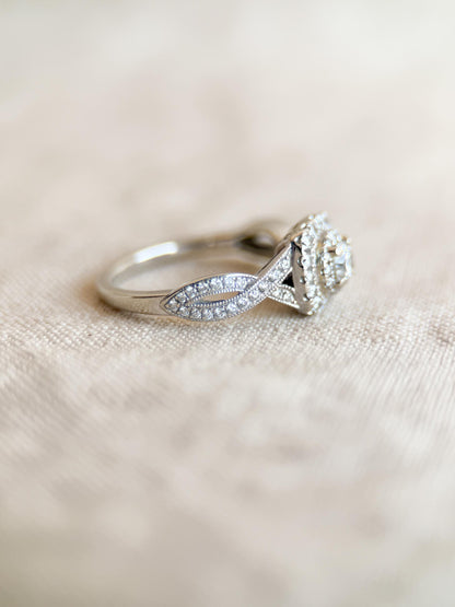 Vintage Diamond Engagement Ring, Round Cut, 14k White Gold, Neil Lane Cushion Halo Infinity