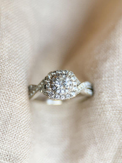 Vintage Diamond Engagement Ring, Round Cut, 14k White Gold, Neil Lane Cushion Halo Infinity