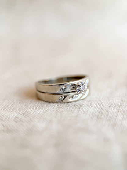 Vintage Diamond Engagement Ring and Wedding Band, 1950s White Gold Bridal Set