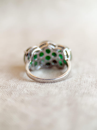 Vintage Three Stone Halo Green Gemstone Ring, Sterling Silver Cocktail Statement Ring