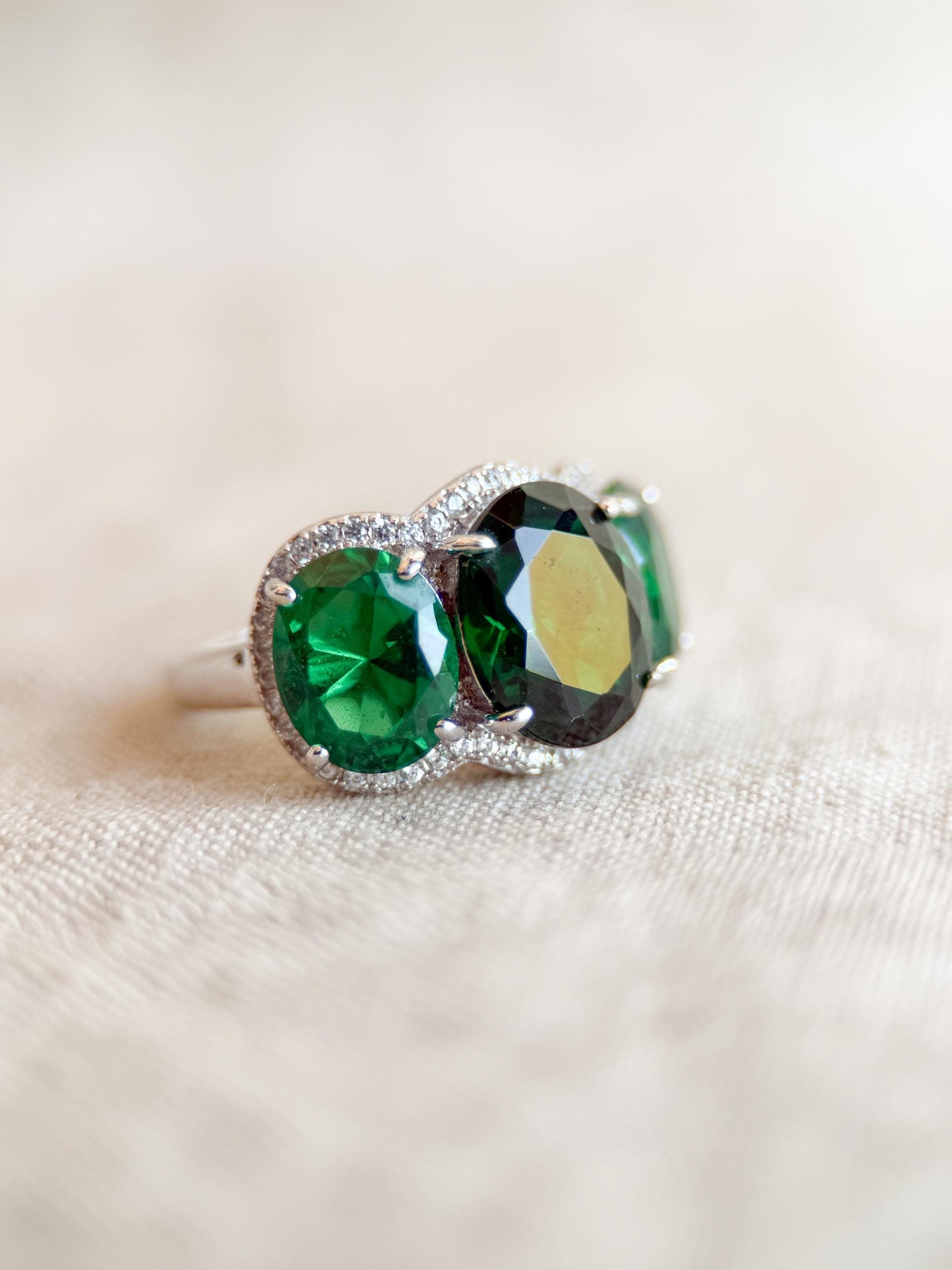 Vintage Three Stone Halo Green Gemstone Ring, Sterling Silver Cocktail Statement Ring