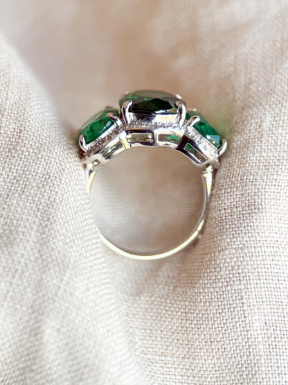 Vintage Three Stone Halo Green Gemstone Ring, Sterling Silver Cocktail Statement Ring
