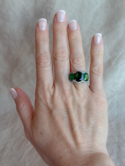 Vintage Three Stone Halo Green Gemstone Ring, Sterling Silver Cocktail Statement Ring