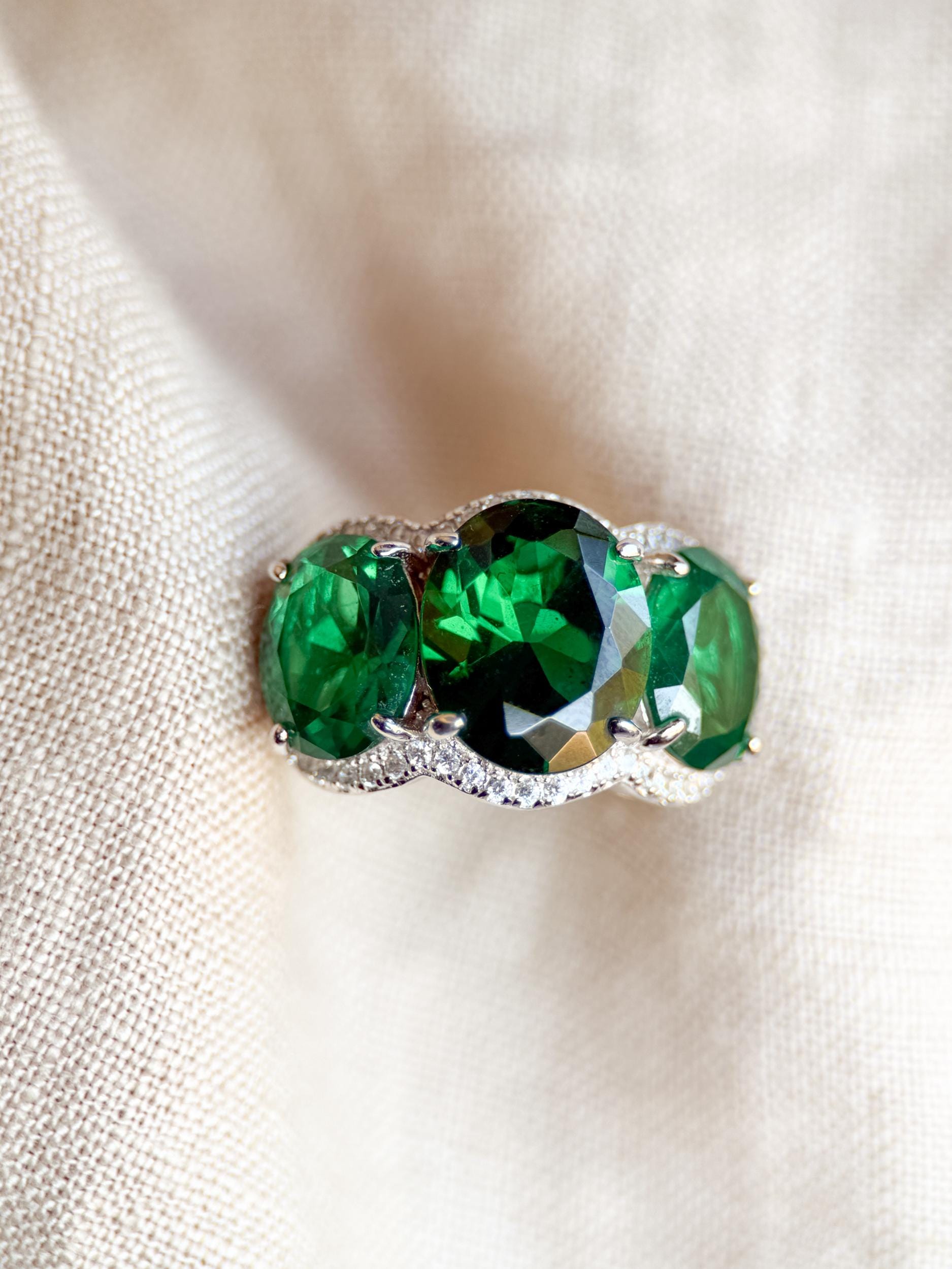 Vintage Three Stone Halo Green Gemstone Ring, Sterling Silver Cocktail Statement Ring