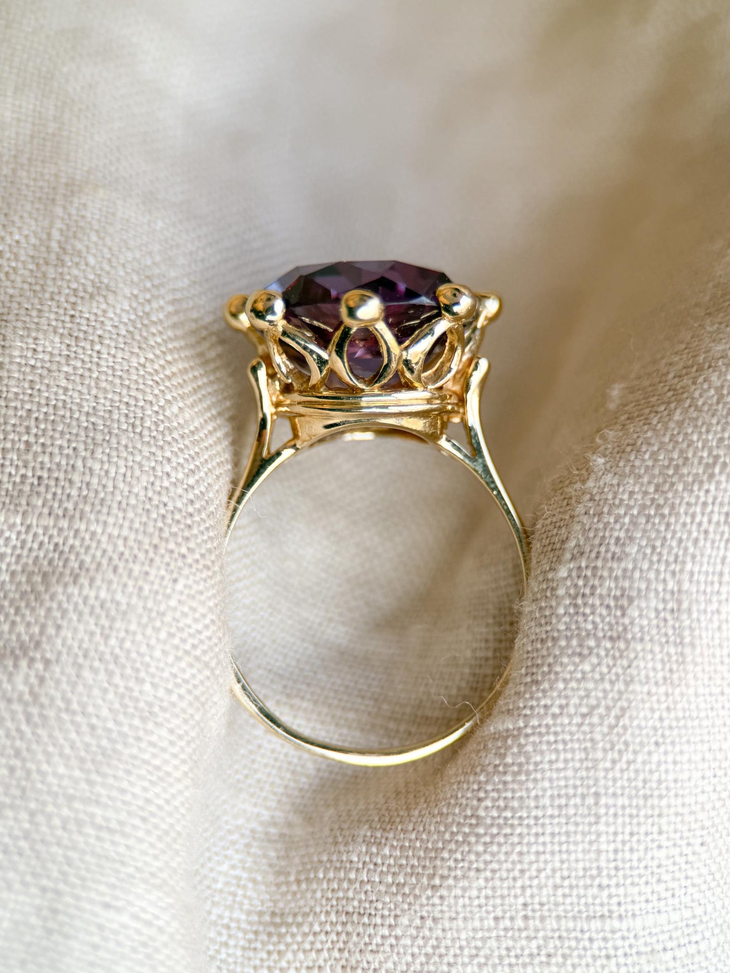 Vintage Sapphire Ring, 14k Gold, Oval Cut Purple Statement Ring, Crown Solitaire Cocktail Jewelry