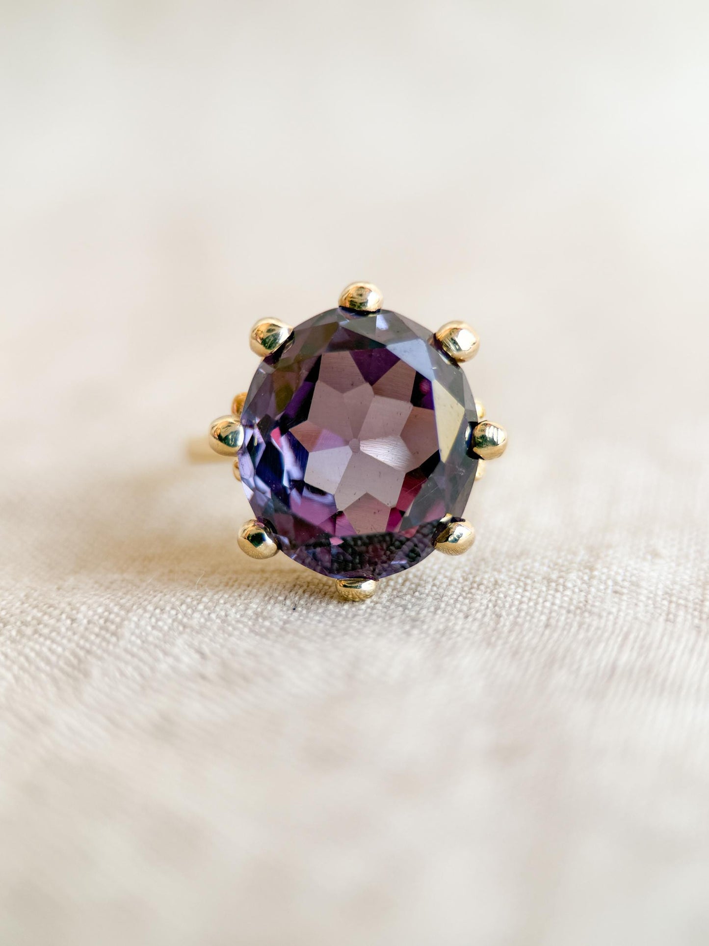 Vintage Sapphire Ring, 14k Gold, Oval Cut Purple Statement Ring, Crown Solitaire Cocktail Jewelry