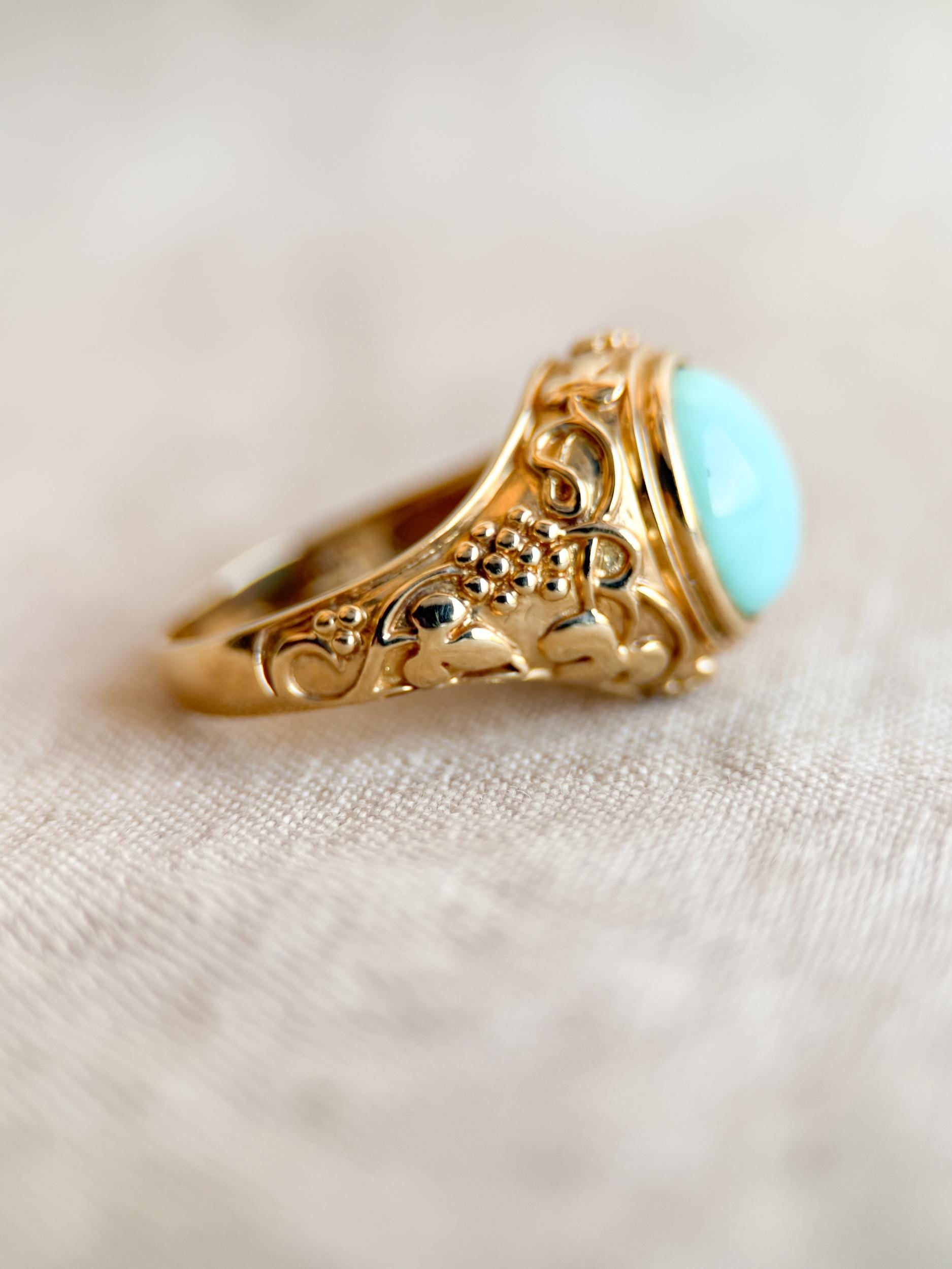 Vintage Turquoise Ring, 14k Gold, Filigree Oval Bezel Statement Ring, Era Bold Jewelry