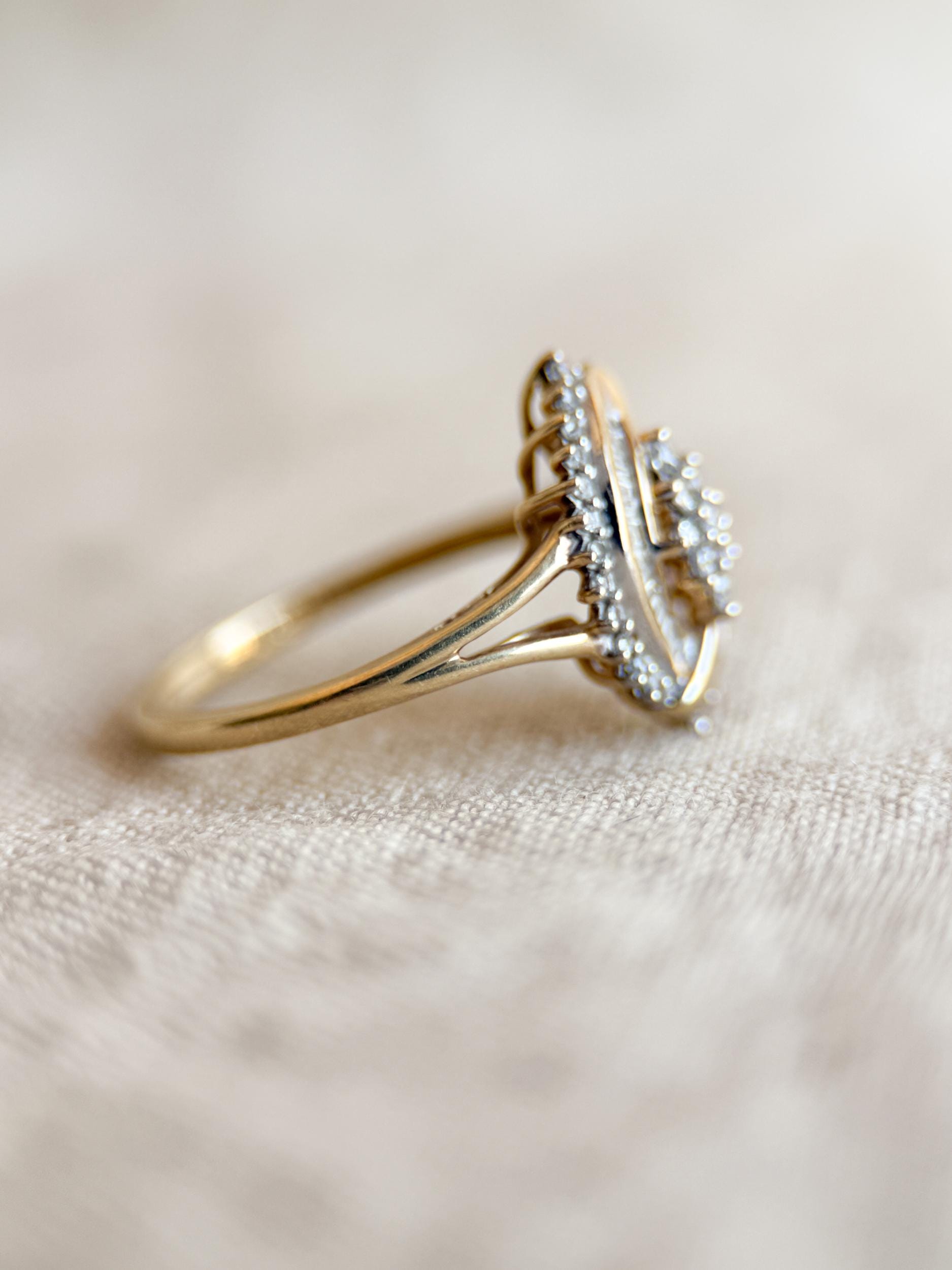 Vintage Diamond Engagement Ring, Round and Baguette Cut, 10k Gold, Cluster Bridal Ring
