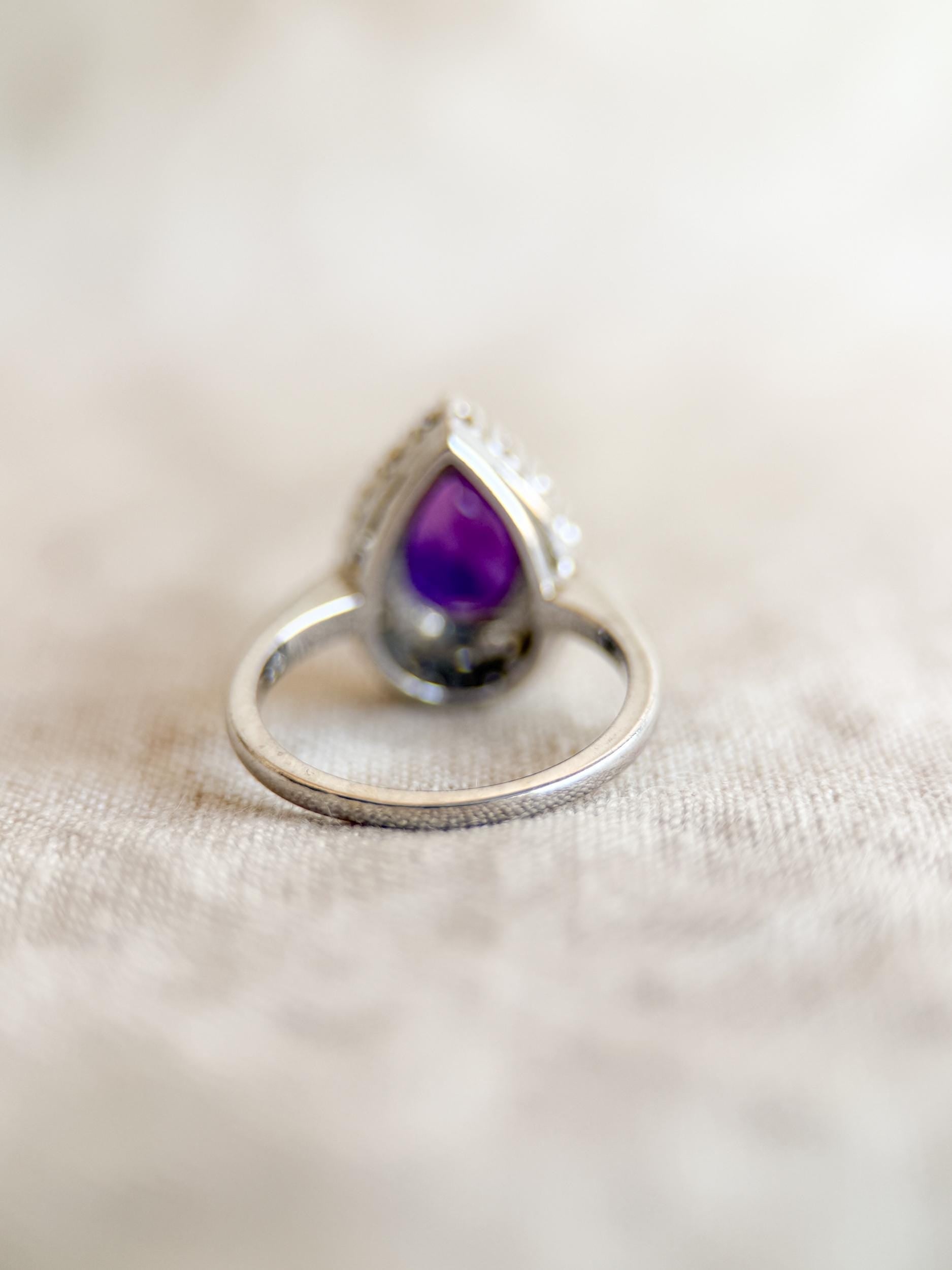Vintage Amethyst and Diamond Engagement Ring, Pear Cut, 14k White Gold, Halo Bridal Ring