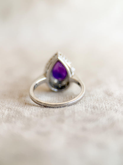 Vintage Amethyst and Diamond Engagement Ring, Pear Cut, 14k White Gold, Halo Bridal Ring